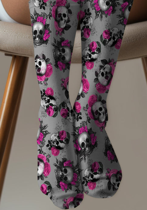 Pink Roses and Skulls Sports crew Socks
