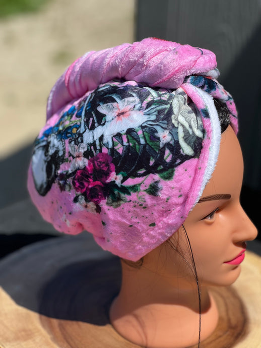 Pink skulls with flowers towel turban/hair wrap