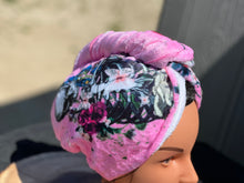 Pink skulls with flowers towel turban/hair wrap