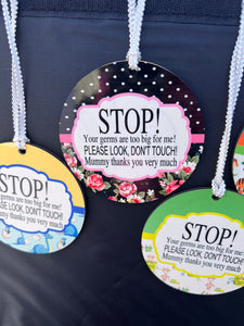 Car seat/ stroller do not touch  baby germ sign tag