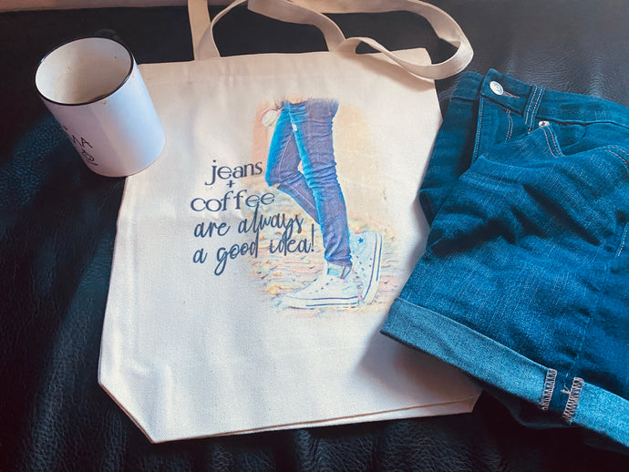 Coffee and jeans shopping tote bag